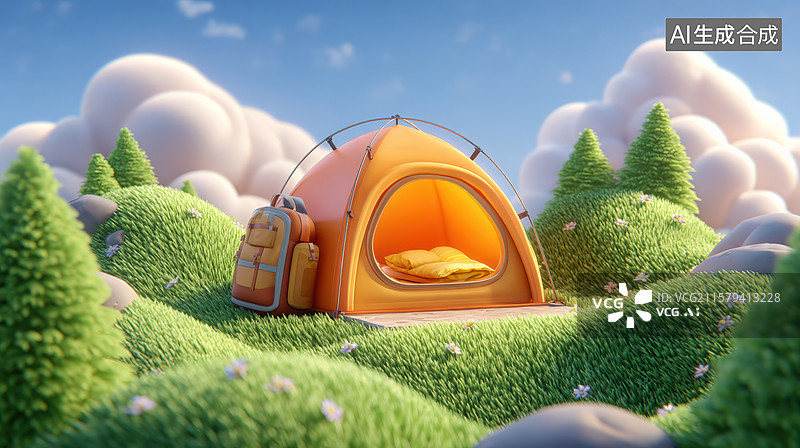 【AI数字艺术】卡通帐篷与梦幻山林图片素材