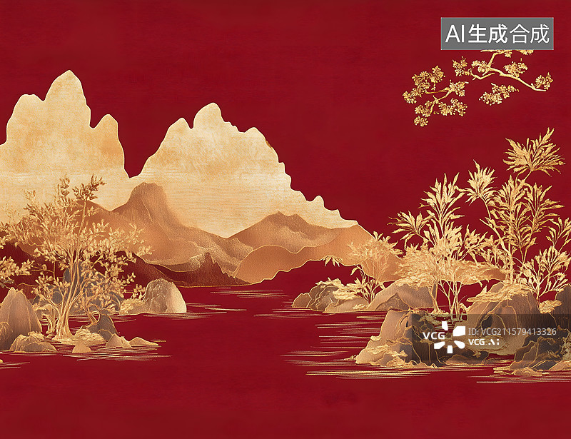 【AI数字艺术】国风水墨山水插画，红金色国风山水插画图片素材