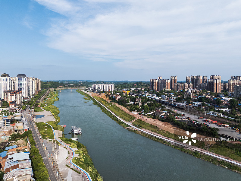 四川资中县沱江沿岸城市风光航拍图片素材