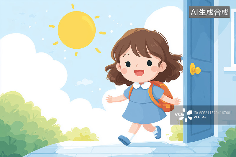 【AI数字艺术】一个可爱的女孩背着书包上学图片素材