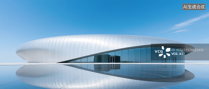 【AI数字艺术】现代流线型建筑与蓝天倒影图片素材