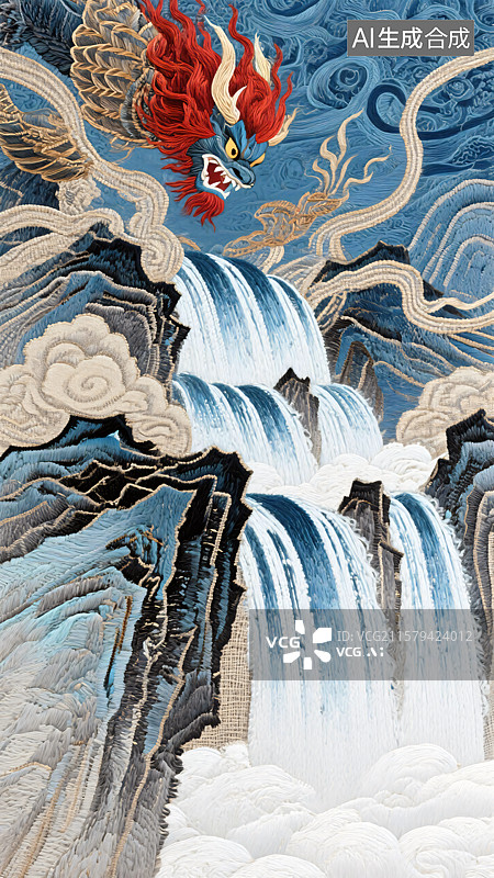 【AI数字艺术】古代神话传说刺绣 共工怒触不周山天柱断裂天倾刺绣背景图图片素材