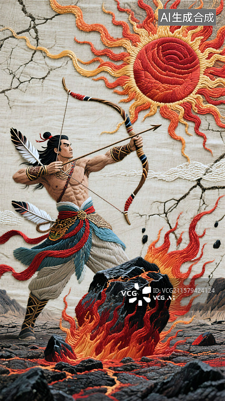 【AI数字艺术】古代神话传说刺绣 后羿擎弓射落九日金乌后羿射日刺绣背景图图片素材