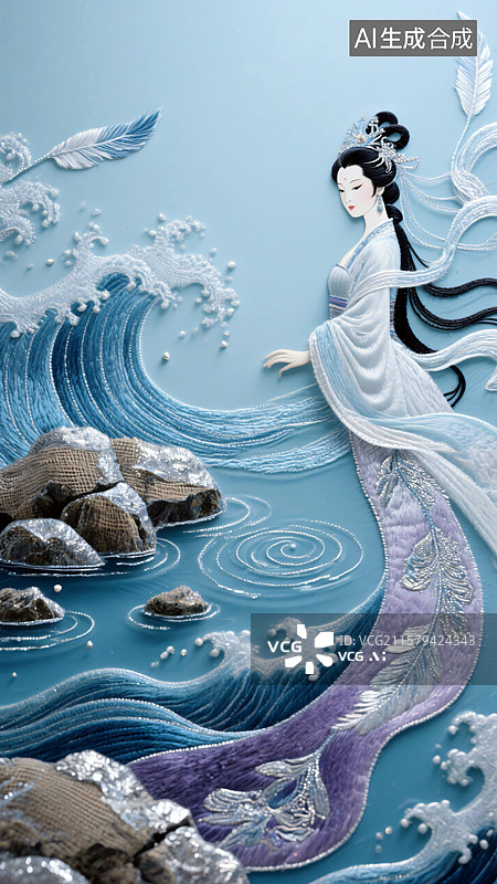 【AI数字艺术】古代神话传说刺绣 洛神宓妃凌波微步罗袜生尘刺绣卷图片素材
