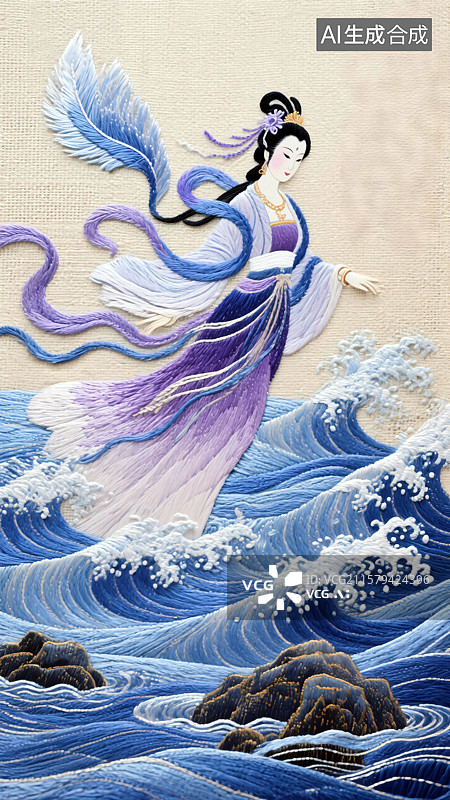【AI数字艺术】古代神话传说刺绣 洛神宓妃凌波微步罗袜生尘刺绣卷图片素材