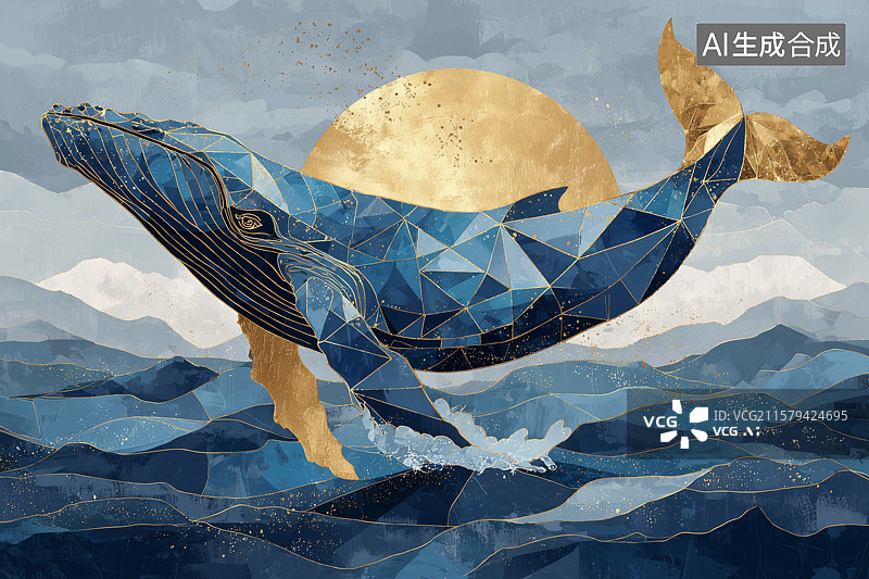 【AI数字艺术】鲸鱼跳出海面插画图片素材