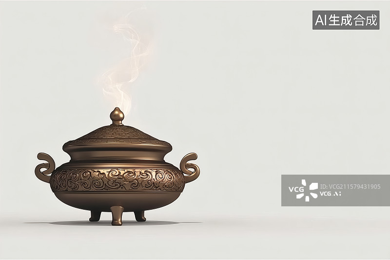 【AI数字艺术】白色背景，一只冒着烟的香炉，右边留白图片素材