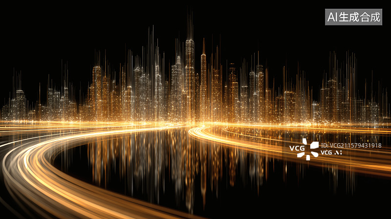 【AI数字艺术】金色的弯曲的线条组成道路，道路尽头的城市高楼大厦图片素材