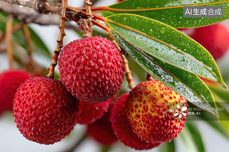 【AI数字艺术】新鲜采摘的荔枝，叶子上挂着水珠图片素材