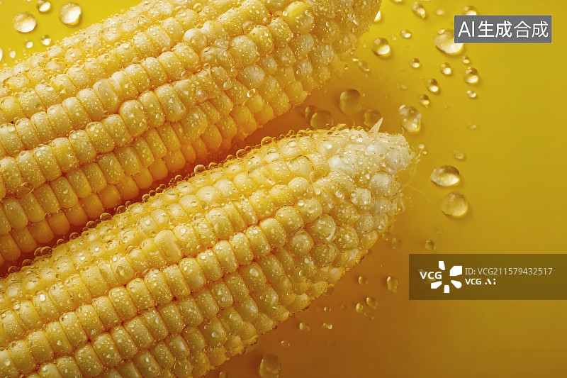 【AI数字艺术】黄色背景，新鲜采摘沾着水珠的水果玉米图片素材