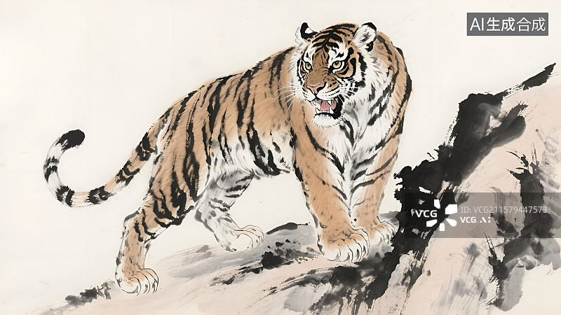 【AI数字艺术】水墨写意猛虎下山图片素材