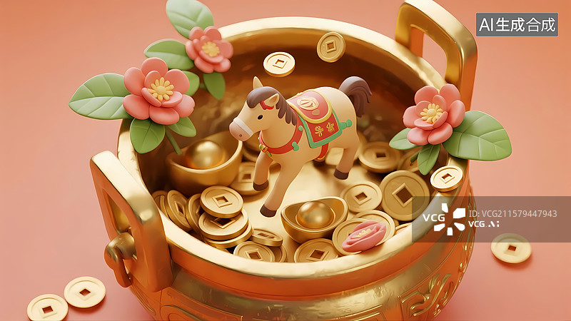 【AI数字艺术】聚宝盆金币小马鲜花喜庆3D插画图片素材