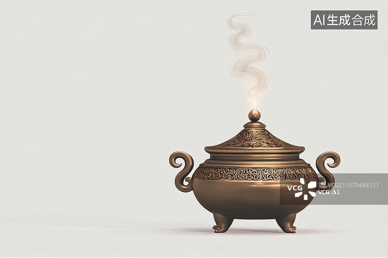 【AI数字艺术】青铜香炉冒着烟，左边留白图片素材