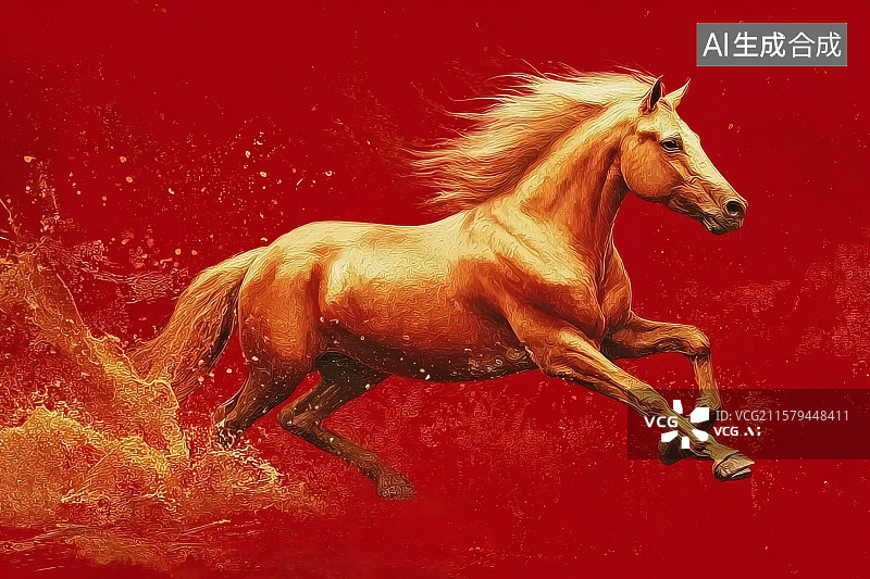 【AI数字艺术】红色背景，一匹健硕的骏马在奔跑图片素材