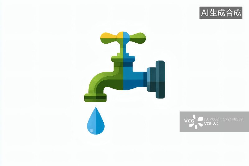 【AI数字艺术】白色背景，水龙头上滴落的水滴，节约用水海报图片素材