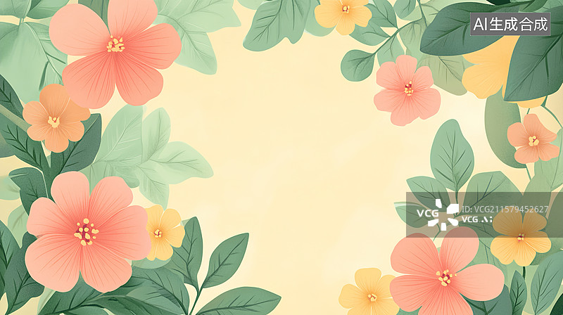 【AI数字艺术】夏天活力盛开鲜花边框装饰环绕淡黄色背景图片素材