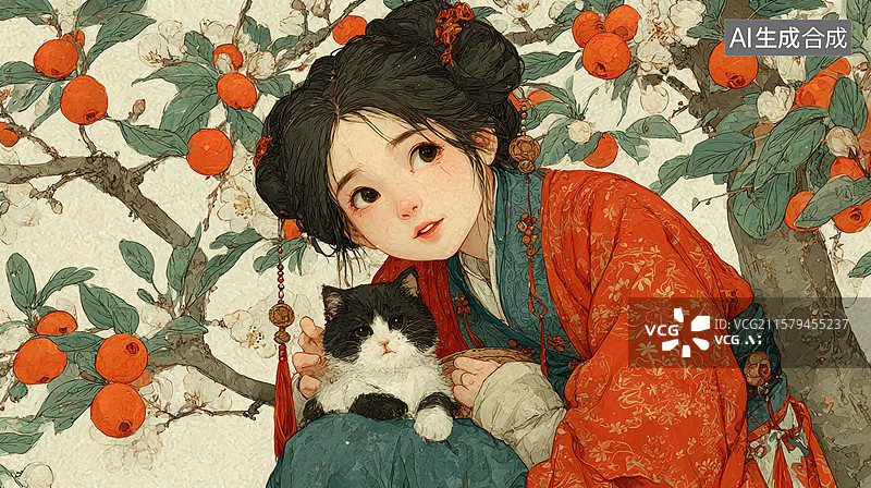 【AI数字艺术】古装少女怀抱猫咪，背景柿子树图片素材