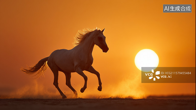 【AI数字艺术】夕阳下奔跑的白马图片素材