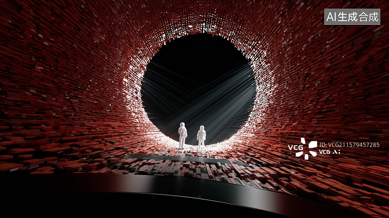 【AI数字艺术】两人站立于光芒四射的圆形洞口前图片素材