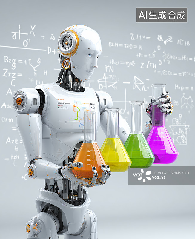 【AI数字艺术】机器人手持化学试剂瓶，背景布满科学公式图片素材
