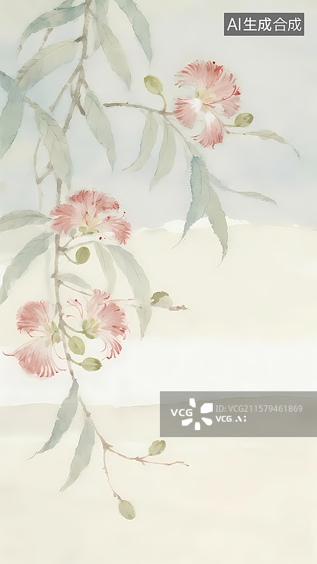 【AI数字艺术】粉色毛茸茸合欢花水墨画水彩柔和插画图片素材