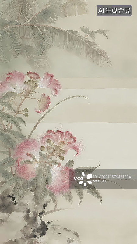 【AI数字艺术】粉色毛茸茸合欢花水墨画水彩柔和插画图片素材
