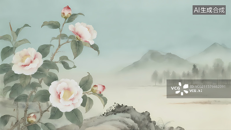 【AI数字艺术】枝头山茶花传统工笔水墨画图片素材
