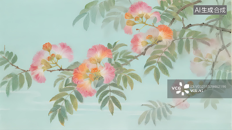【AI数字艺术】粉色毛茸茸合欢花水墨画水彩柔和插画图片素材