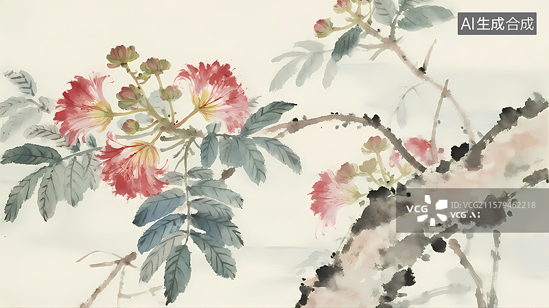 【AI数字艺术】粉色毛茸茸合欢花水墨画水彩柔和插画图片素材