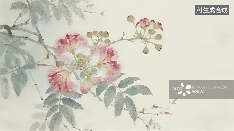【AI数字艺术】粉色毛茸茸合欢花水墨画水彩柔和插画图片素材