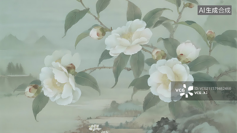 【AI数字艺术】枝头山茶花传统工笔水墨画图片素材