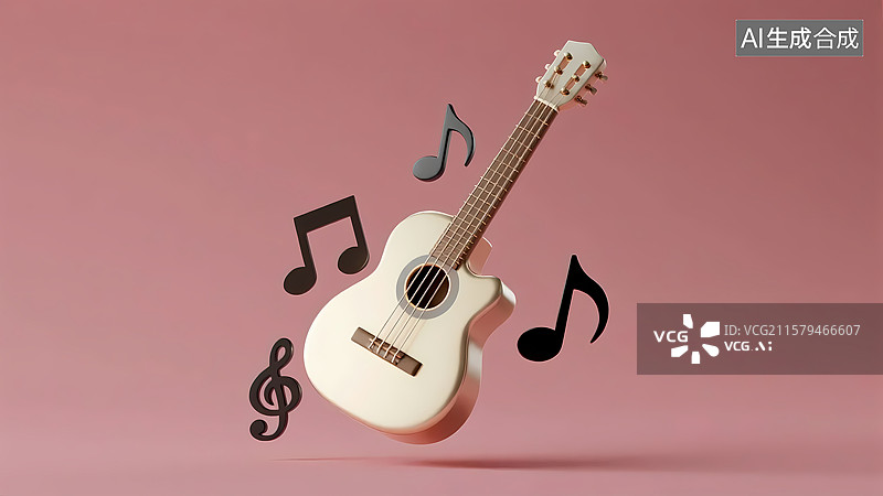 【AI数字艺术】吉他尤克里里3D立体音符与乐器卡通模型图片素材