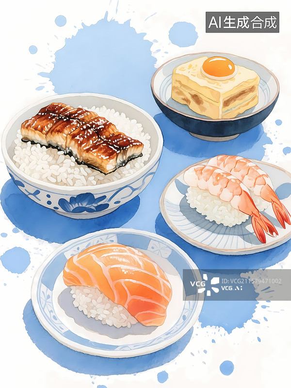【AI数字艺术】水彩卡通手绘日料插画图片素材