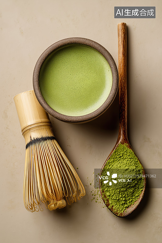 【AI数字艺术】抹茶器具与粉末的静物组合图片素材