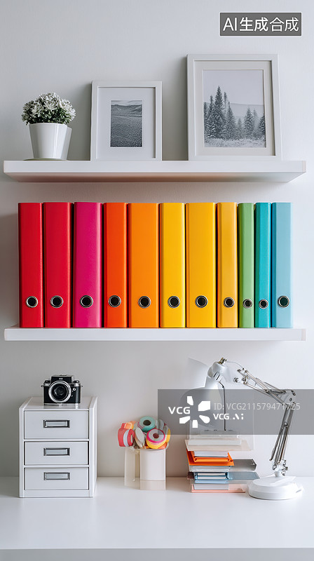 【AI数字艺术】色彩缤纷的文件夹整齐排列在书架上图片素材
