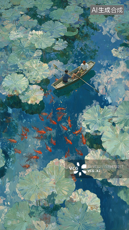 【AI数字艺术】荷塘泛舟，鱼群嬉戏图片素材