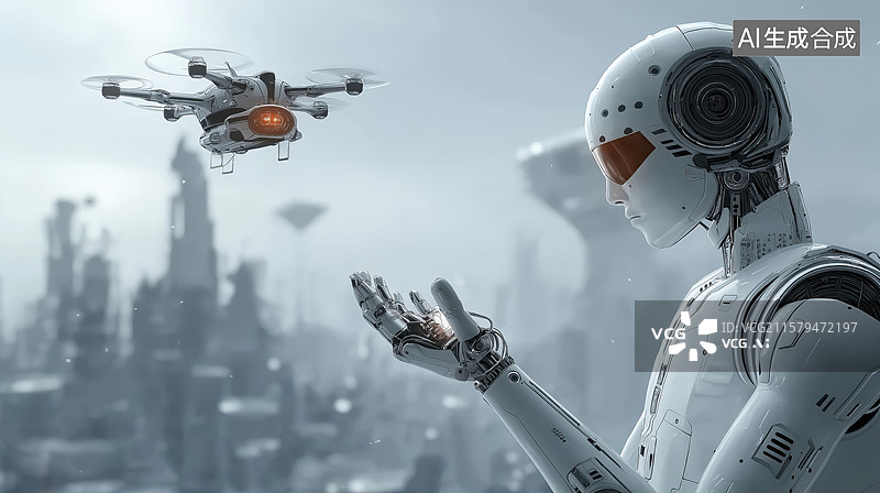 【AI数字艺术】未来机器人与飞行器互动场景图片素材