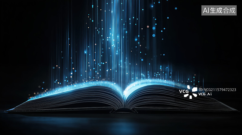 【AI数字艺术】打开的书本与发光的蓝色光束图片素材
