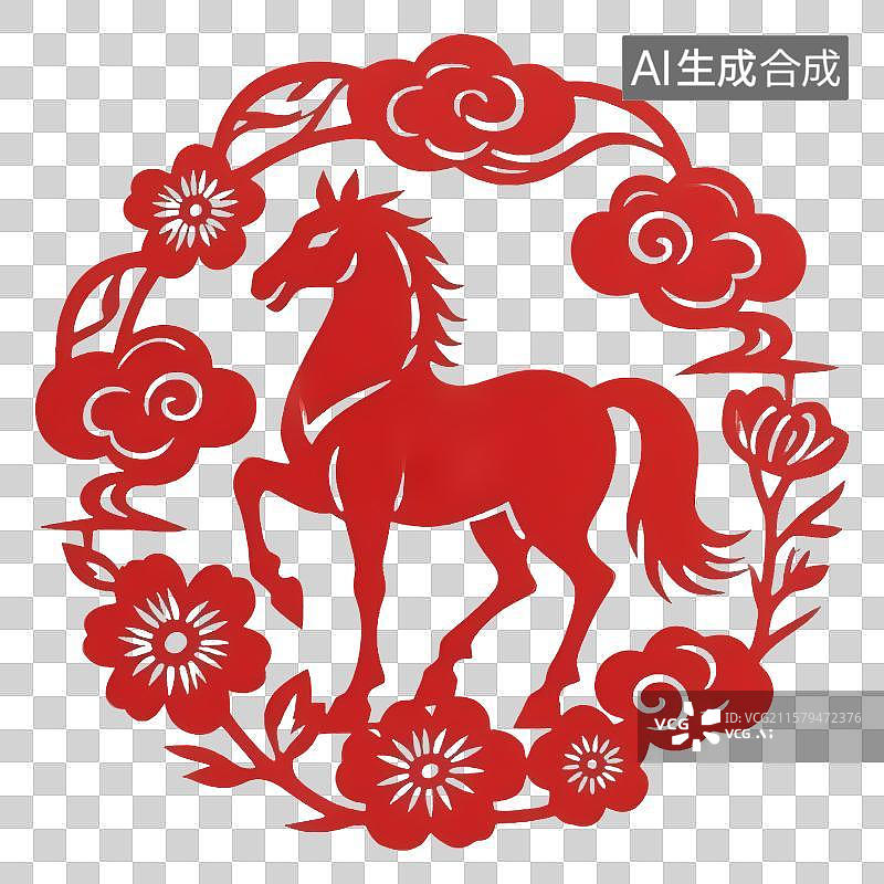 【AI数字艺术】红色剪纸庆祝马年吉祥寓意图片素材