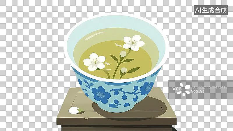 【AI数字艺术】花茶中式茶杯茶叶卡通插画元素图片素材