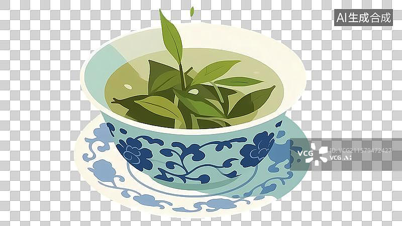 【AI数字艺术】绿茶中式茶杯茶叶卡通插画元素图片素材