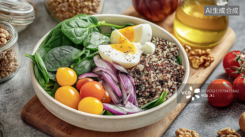 【AI数字艺术】藜麦沙拉碗配鸡蛋和蔬菜图片素材