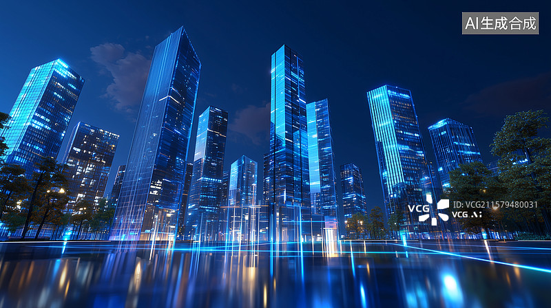 【AI数字艺术】夜景都市蓝色发光建筑图片素材