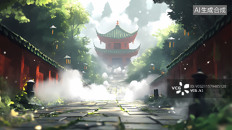 【AI数字艺术】雾气仙宫景观插图图片素材