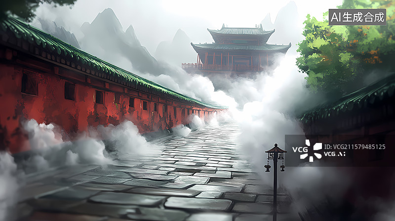【AI数字艺术】雾气仙宫景观插图图片素材
