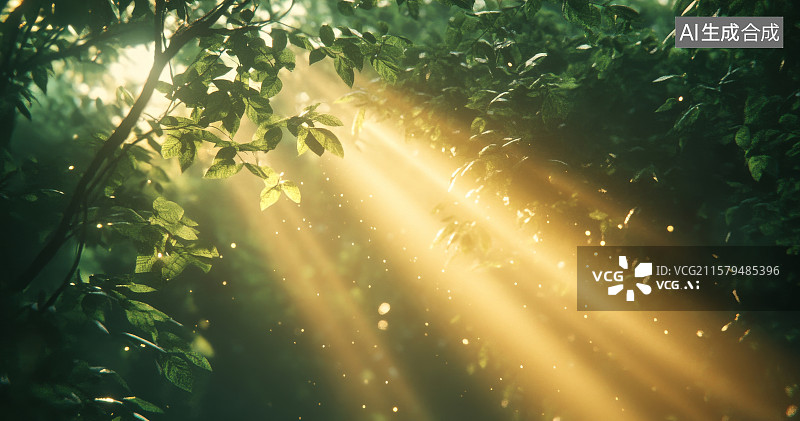 【AI数字艺术】林间阳光透过树叶洒下景象图片素材