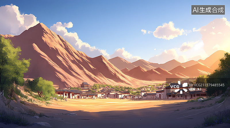 【AI数字艺术】沙漠骆驼古城主题插图背景图片素材