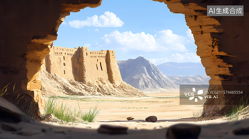 【AI数字艺术】沙漠骆驼古城主题插图背景图片素材