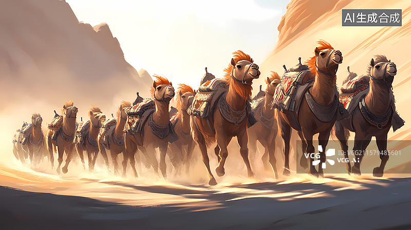 【AI数字艺术】沙漠骆驼古城主题插图背景图片素材