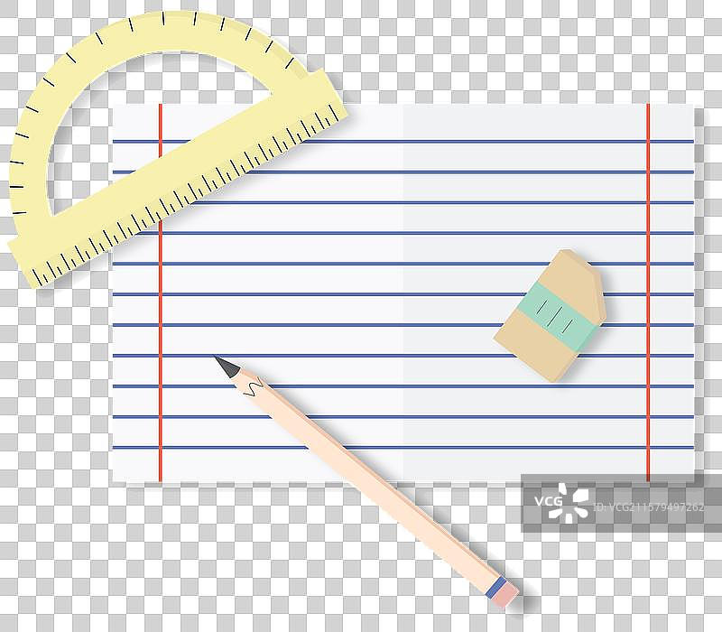 打开的笔记本页面，上面有铅笔、橡皮和量角器图片素材